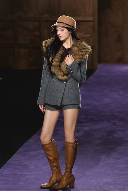Detachable Fur Collar Wool Tailored Blazer &amp; Shorts Set
