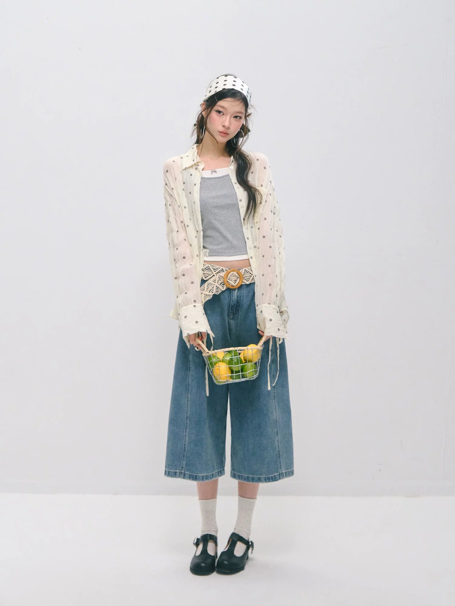 Polka Dot Textured Ruched Shirt