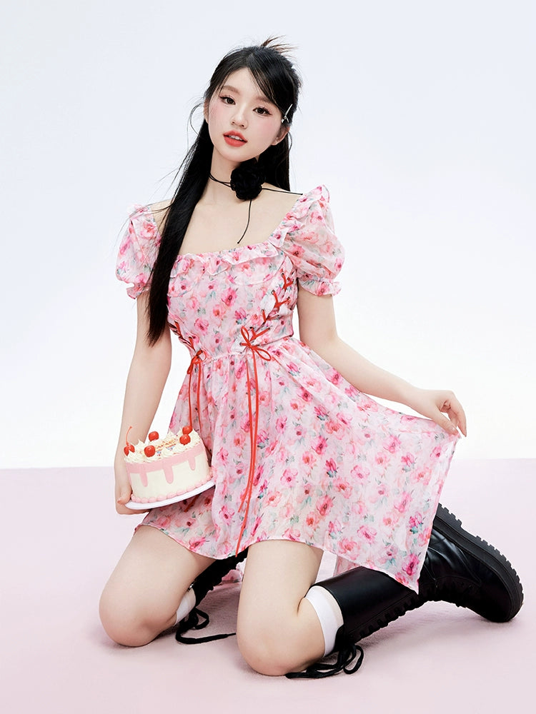 Pink Square-neck Puff Sleeve Floral Dress