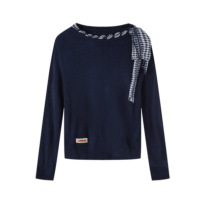 Tie-Up Off-Shoulder Knit Crewneck
