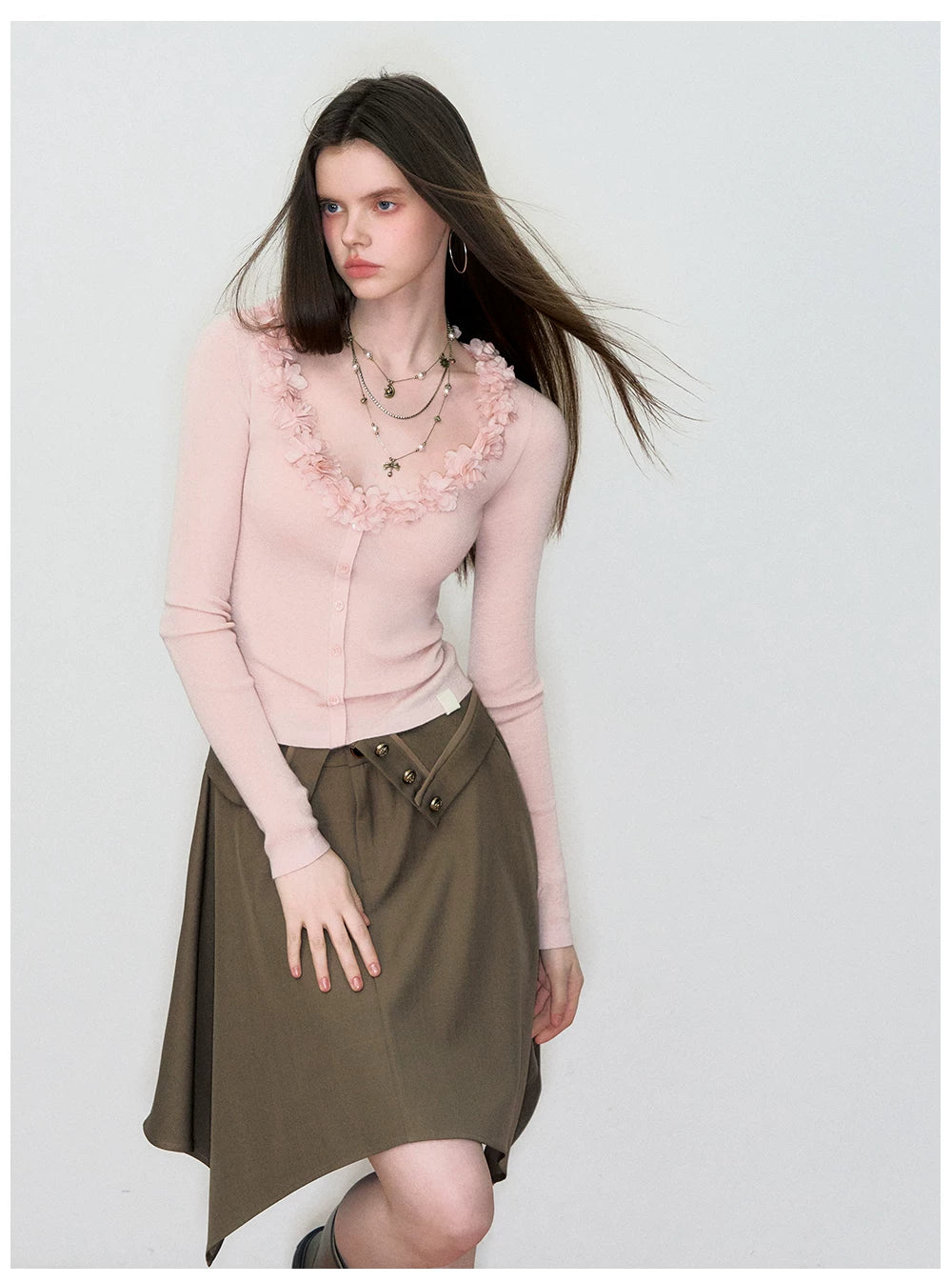 V-Neck Lace-Trim Fitted Knit Cardigan