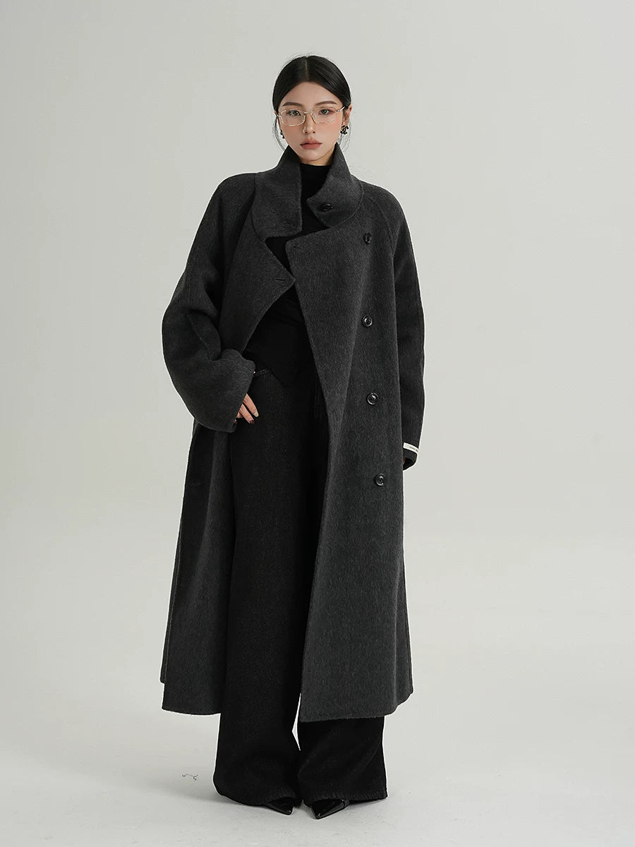 Stand-Collar Long Wool Double-Faced Coat