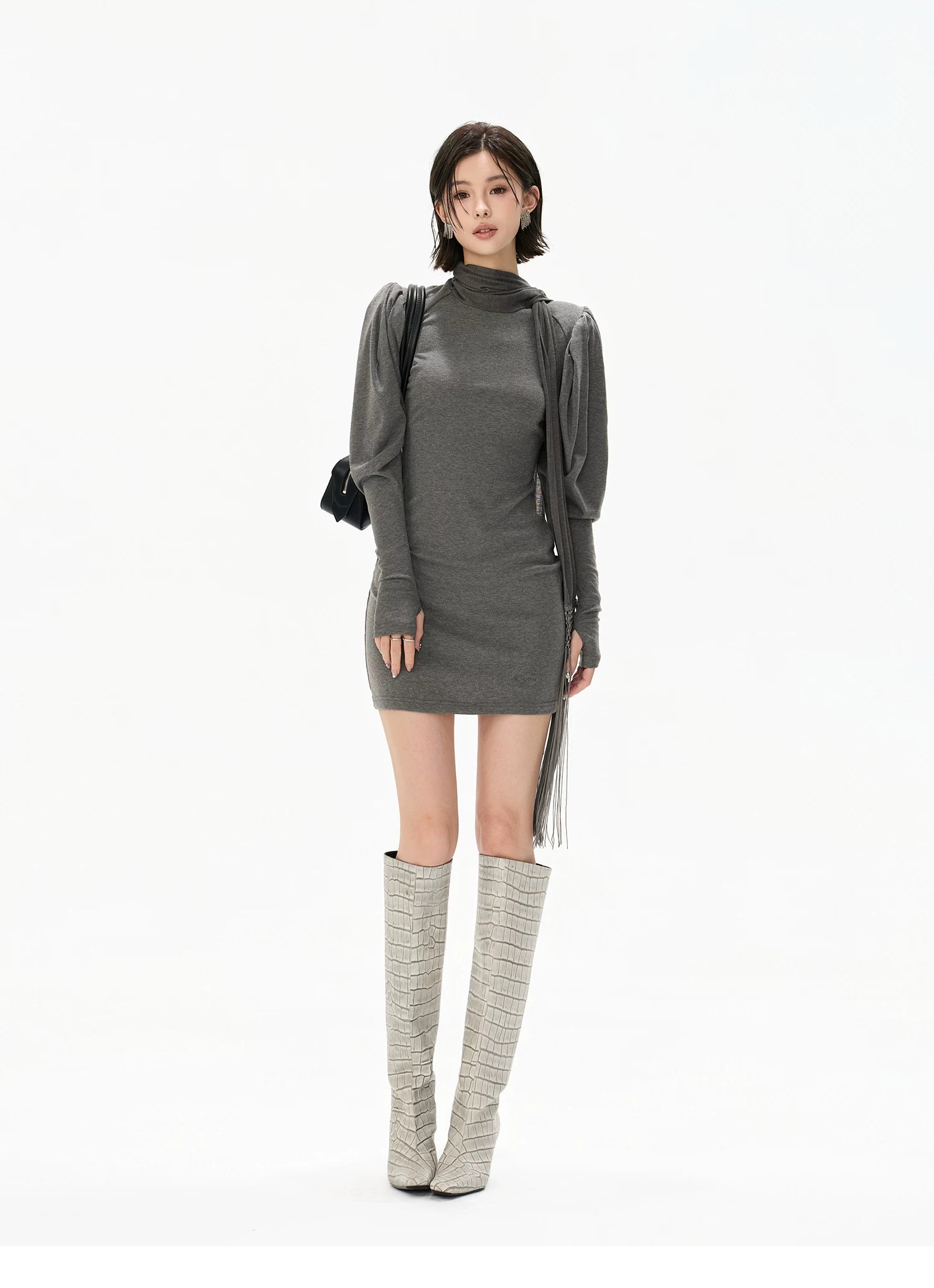 Minimalist Draped Turtleneck Knit Mini Dress with Tassel Ties