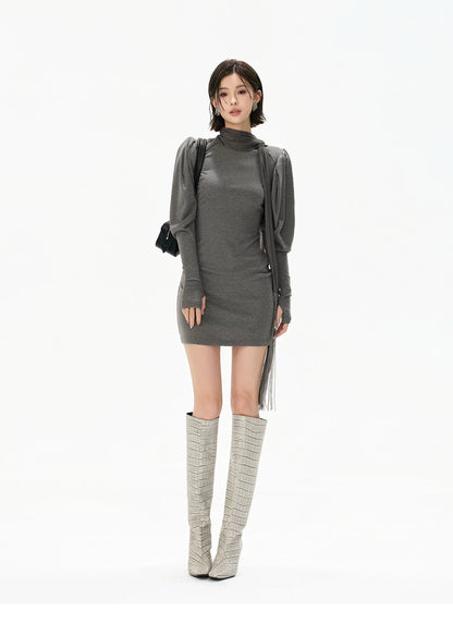 Minimalist Draped Turtleneck Knit Mini Dress with Tassel Ties