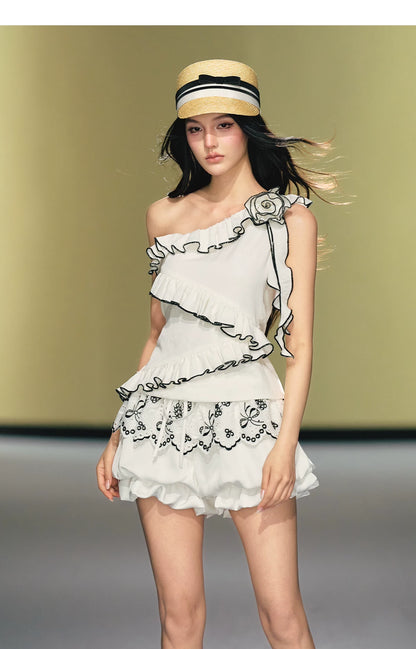 Asymmetric Rose-Trim Layered Top &amp; Puff Bloomers Set