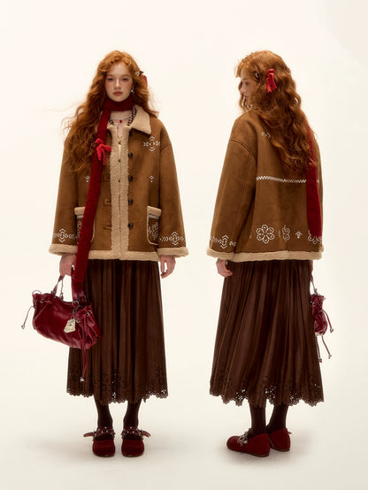 Heavy Embroidered Faux Shearling Suede Jacket