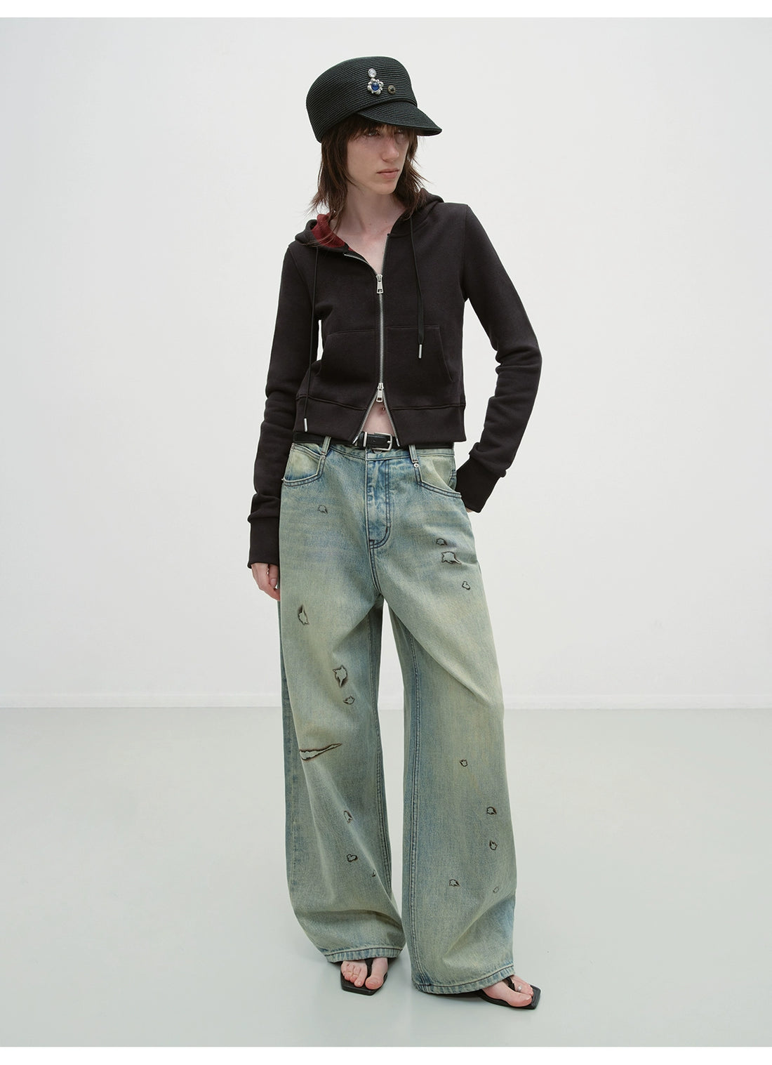 Vintage Burnt-Edge Printed Washed Denim Pants - CHINASQUAD