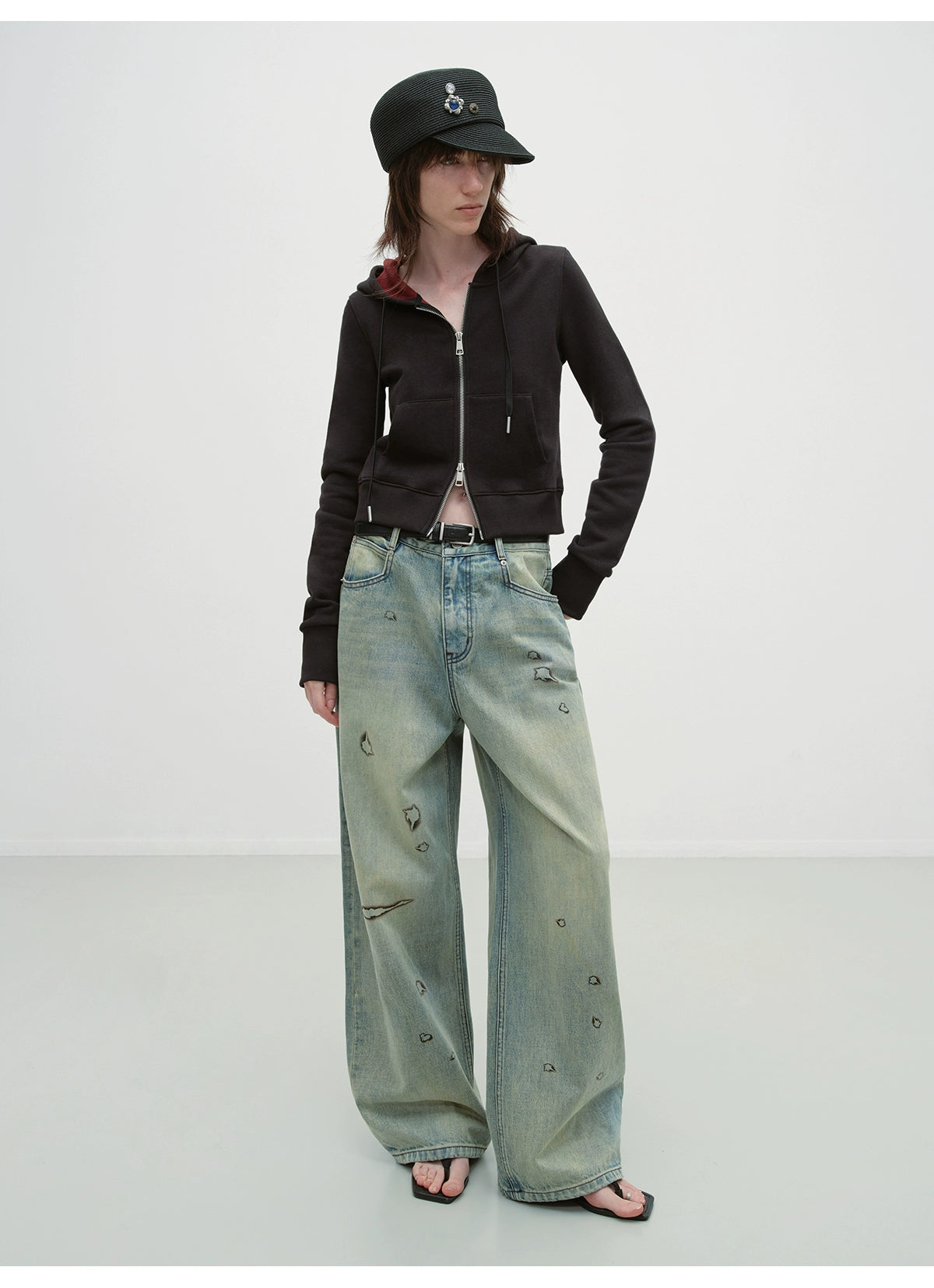 Vintage Burnt-Edge Printed Washed Denim Pants - CHINASQUAD