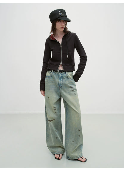 Vintage Burnt-Edge Printed Washed Denim Pants - CHINASQUAD