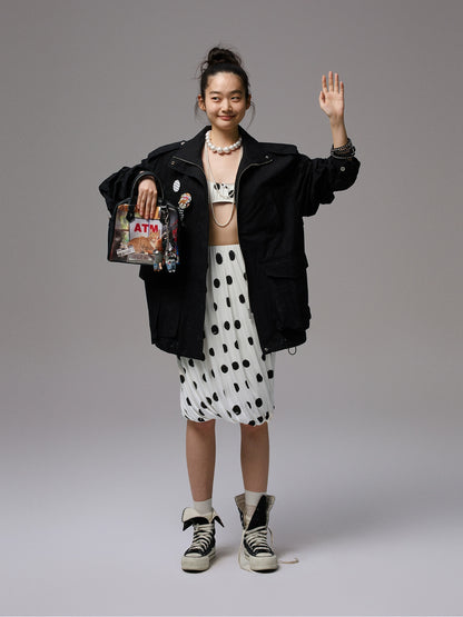 Embroidered Jacquard Multi-Pocket Stand-Collar Utility Jacket