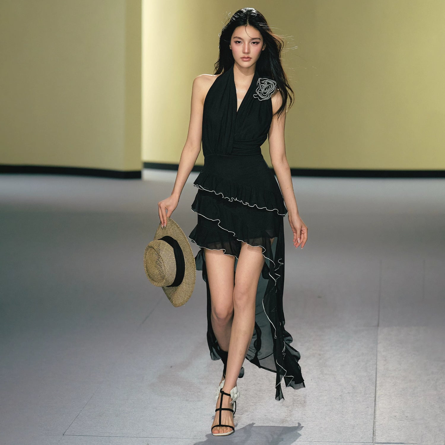 Rose Appliqué Asymmetrical Halterneck Dress
