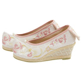 "花照" Three-Color Traditional Pattern Embroidered Low Heel Bow Shoes - CHINASQUAD