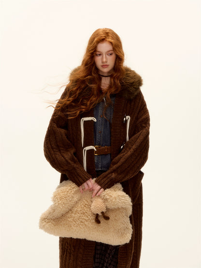 Detachable Fur Collar Cable-Knit Duffle Coat