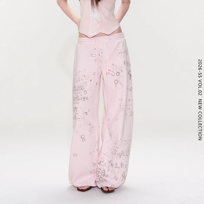 Vintage Graphic Drawstring Wide-Leg Pants