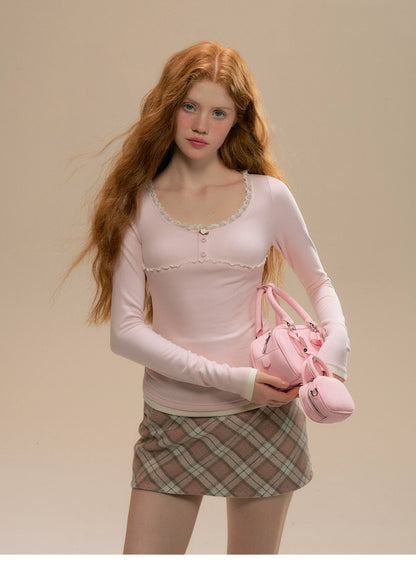 Pink Plaid Wool Mini Skirt