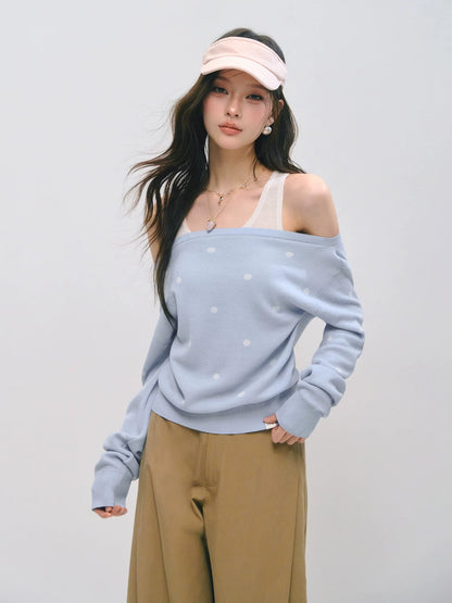 Off-Shoulder Polka Dot Layered Knit Sweater