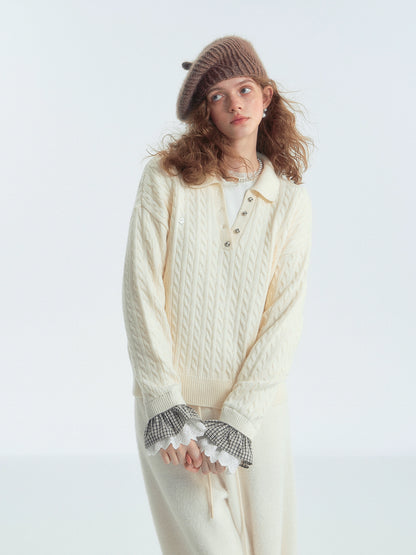 Cable Knit Polo Collar Plaid Splicing Sweater