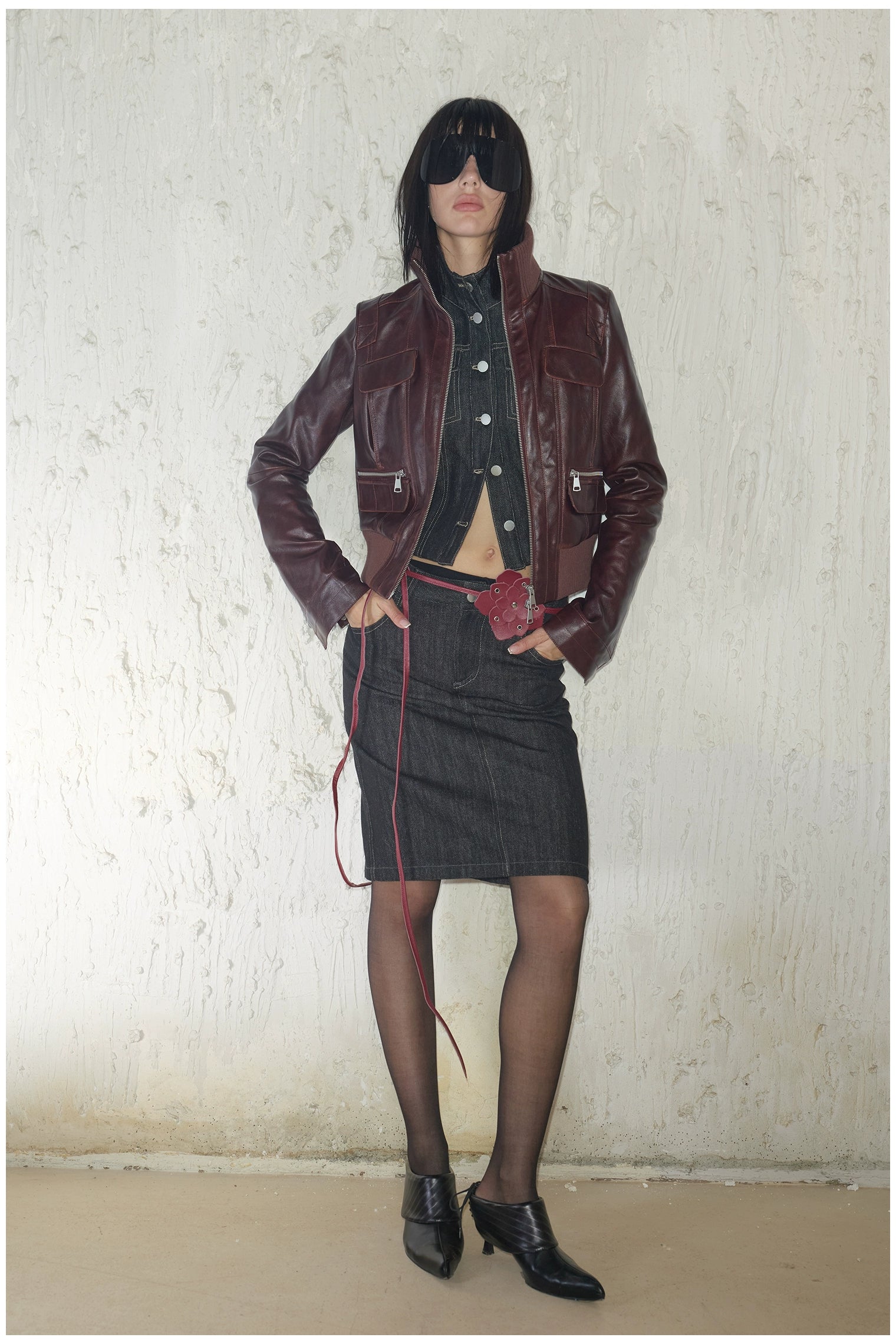 Distressed Cropped Biker Leather Jacket