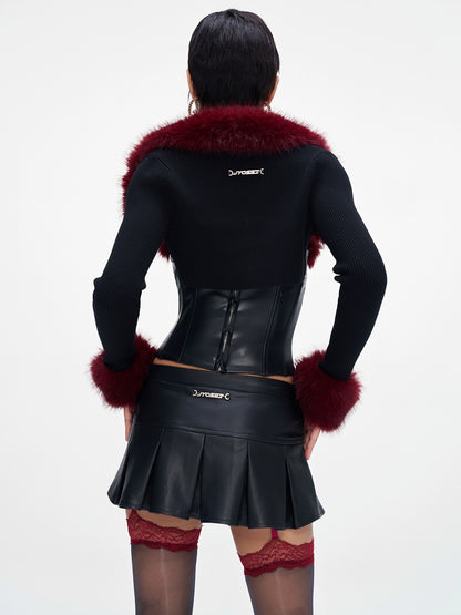 Fur-Collar Knit Cape &amp; Fuzzy Bodycon Skirt Set