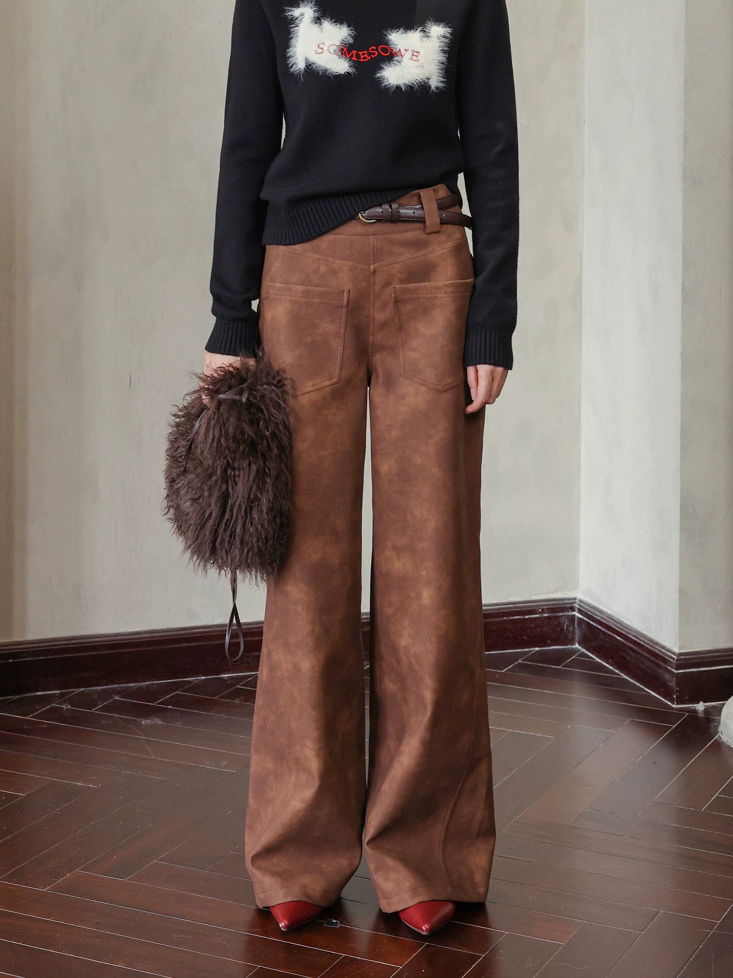 Brown Faux Leather Straight-Leg Pants - CHINASQUAD