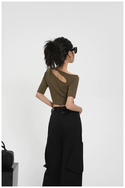 Asymmetric One-Shoulder Cropped Stretch T-Shirt