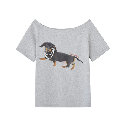 Pearl Embellished Dachshund Off-Shoulder T-Shirt