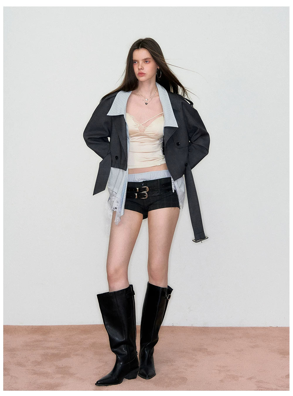 Double-Waist Checkered Tailored Shorts