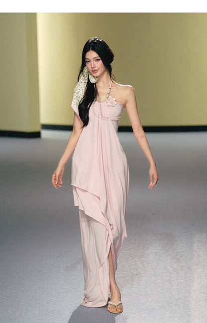 Blush Layered Halter Draped Maxi Dress