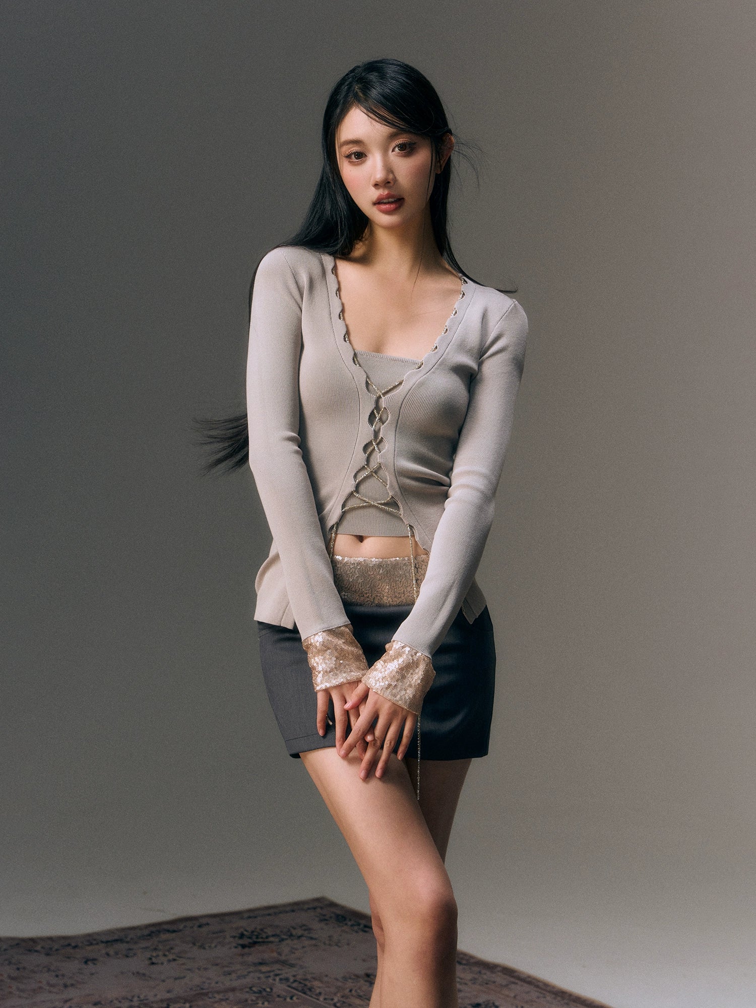 Gray Sequin Patchwork Mini Skirt - CHINASQUAD