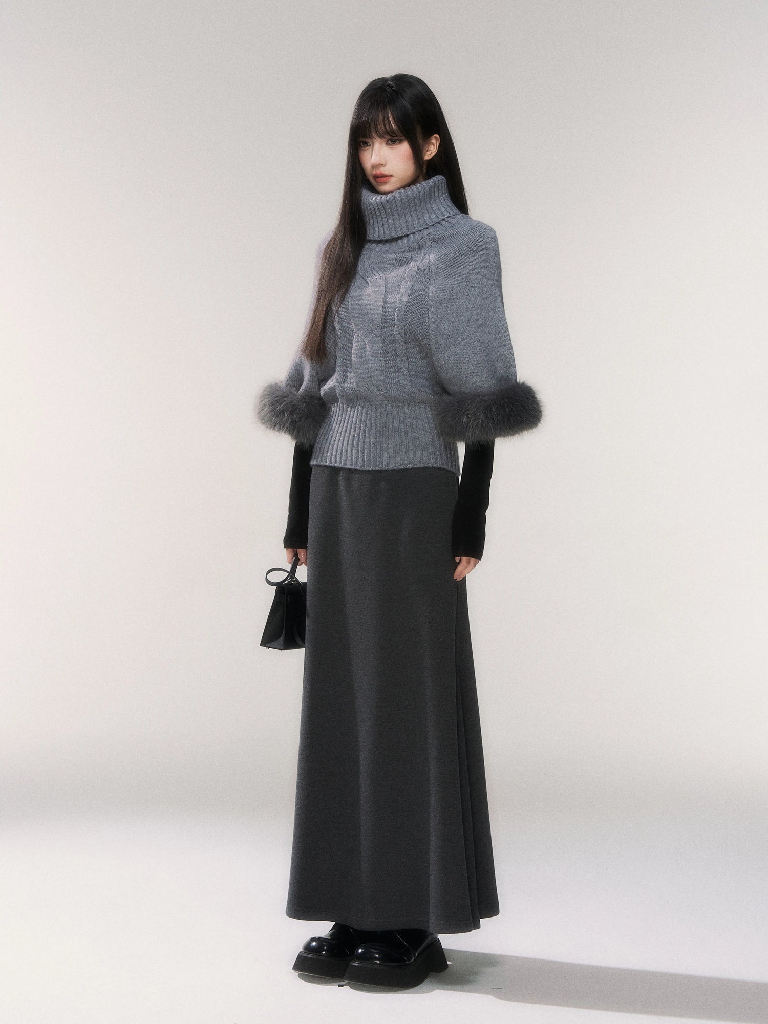 Cable-Knit Turtleneck Cape Sweater