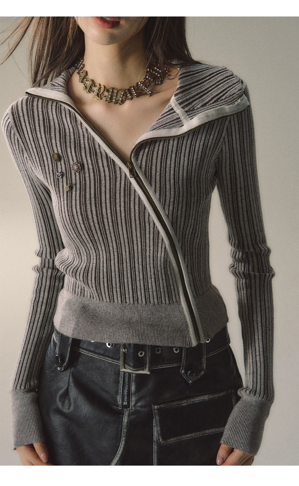 Mocha &amp; Red Zipper Striped Turtleneck - CHINASQUAD