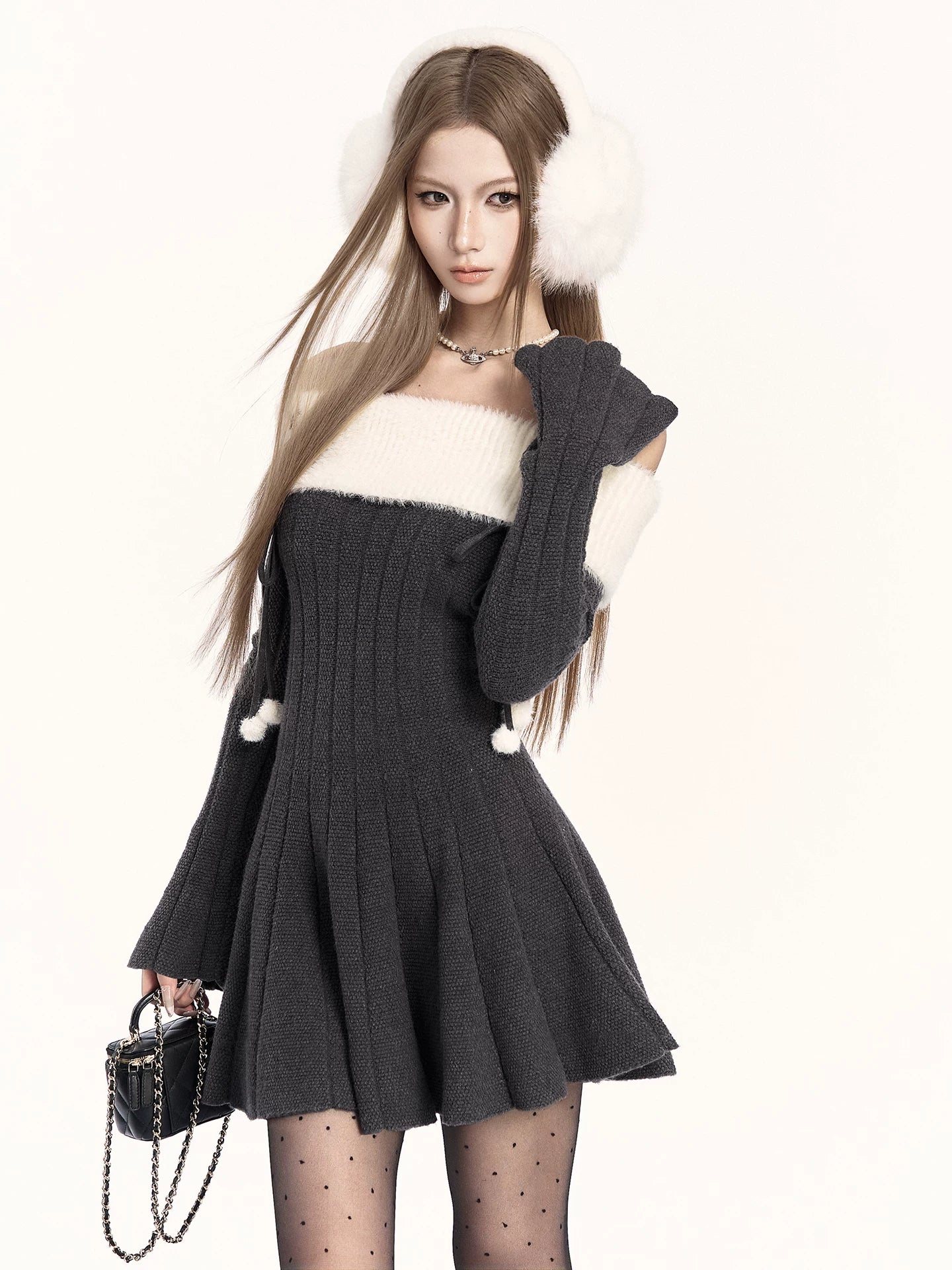 Off-Shoulder Knit Waist-Cinching Dress