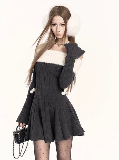 Off-Shoulder Knit Waist-Cinching Dress