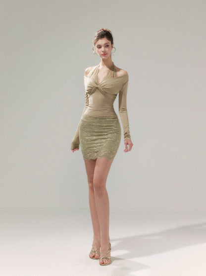 Lace Layered Knit Top &amp; Bodycon Mini Skirt Set