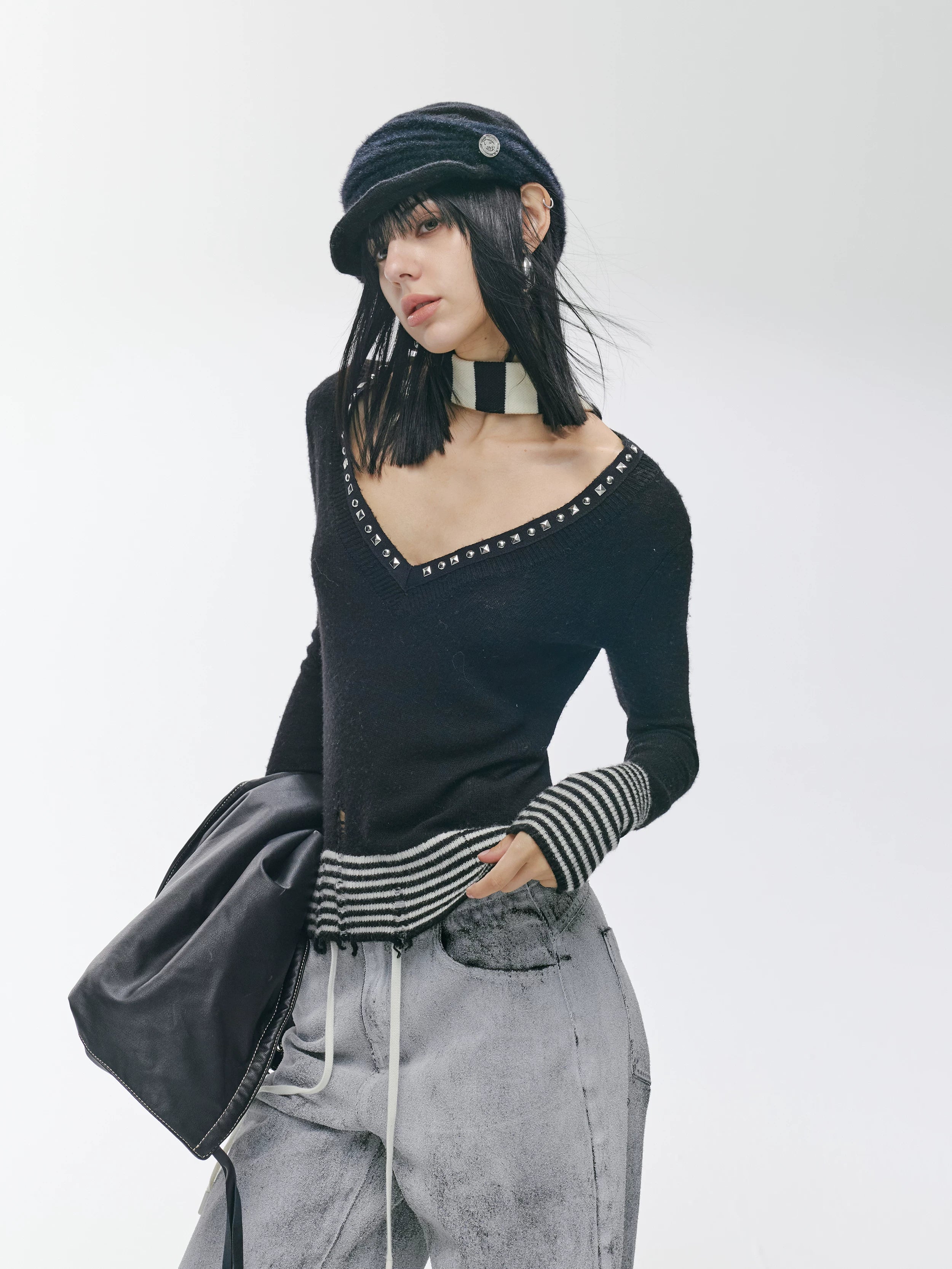 Striped Panel Slim-Fit Wool Knit Top