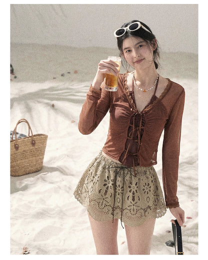 Soft Sand Ruched Tie-Front Cardigan