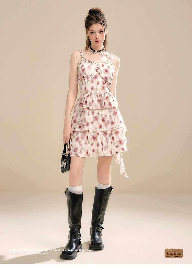 Apricot Floral Asymmetrical Strap Dress