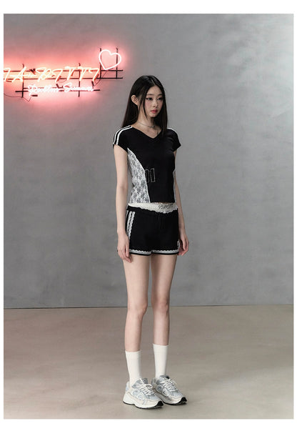 Black Lace Trim with Letter Print Short Sleeves