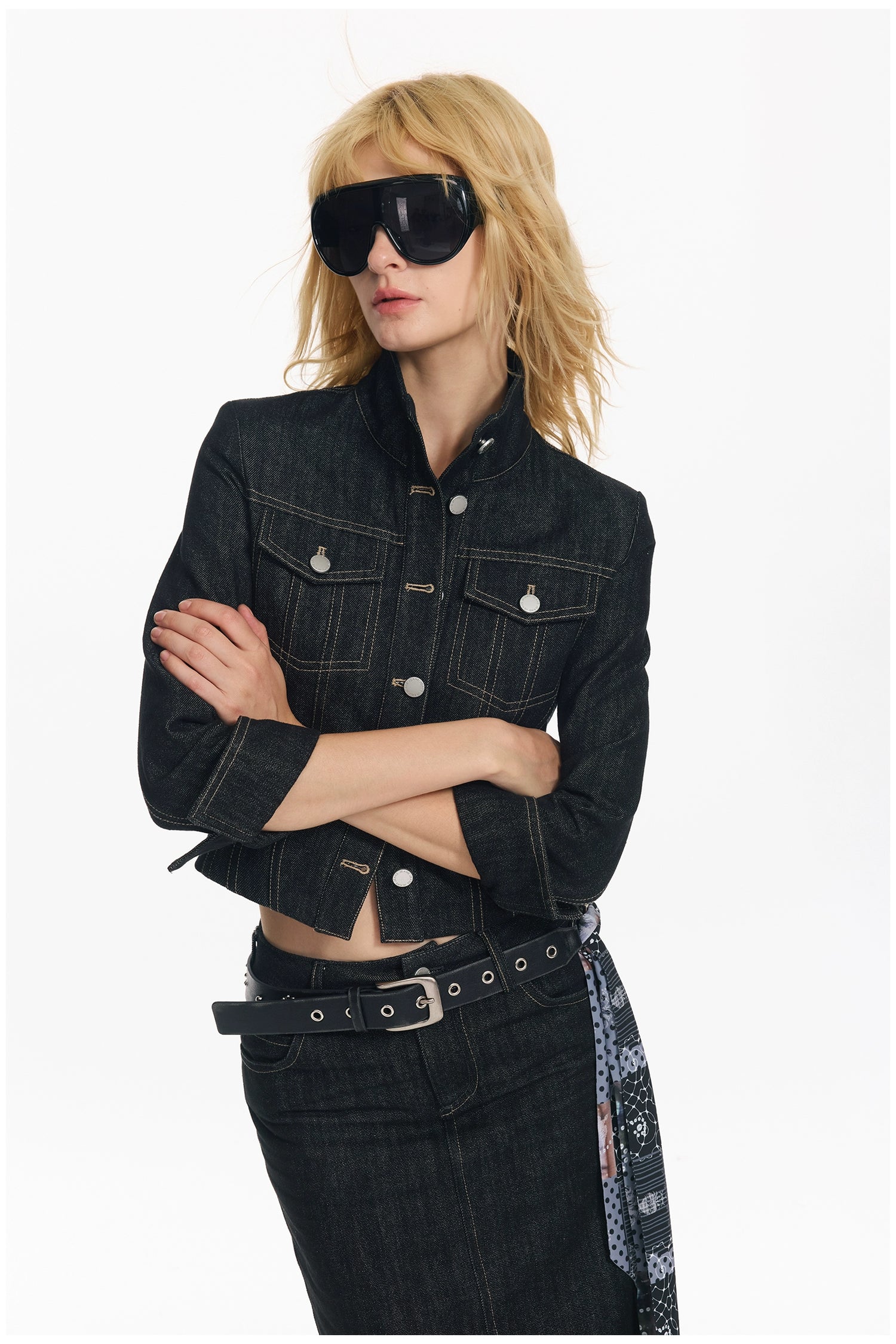 Cropped Stripe Stitch Denim Jacket &amp; Skirt Set