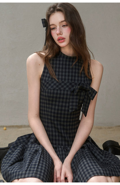 Bow Halter Checked Pleated Dress