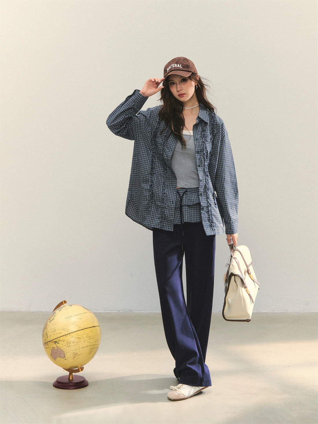 Plaid Ruffle Pleated Loose Long-Sleeve Shirt