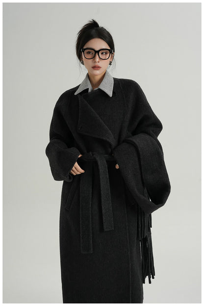 Fringe-Detail Wool Scarf-Style Long Coat