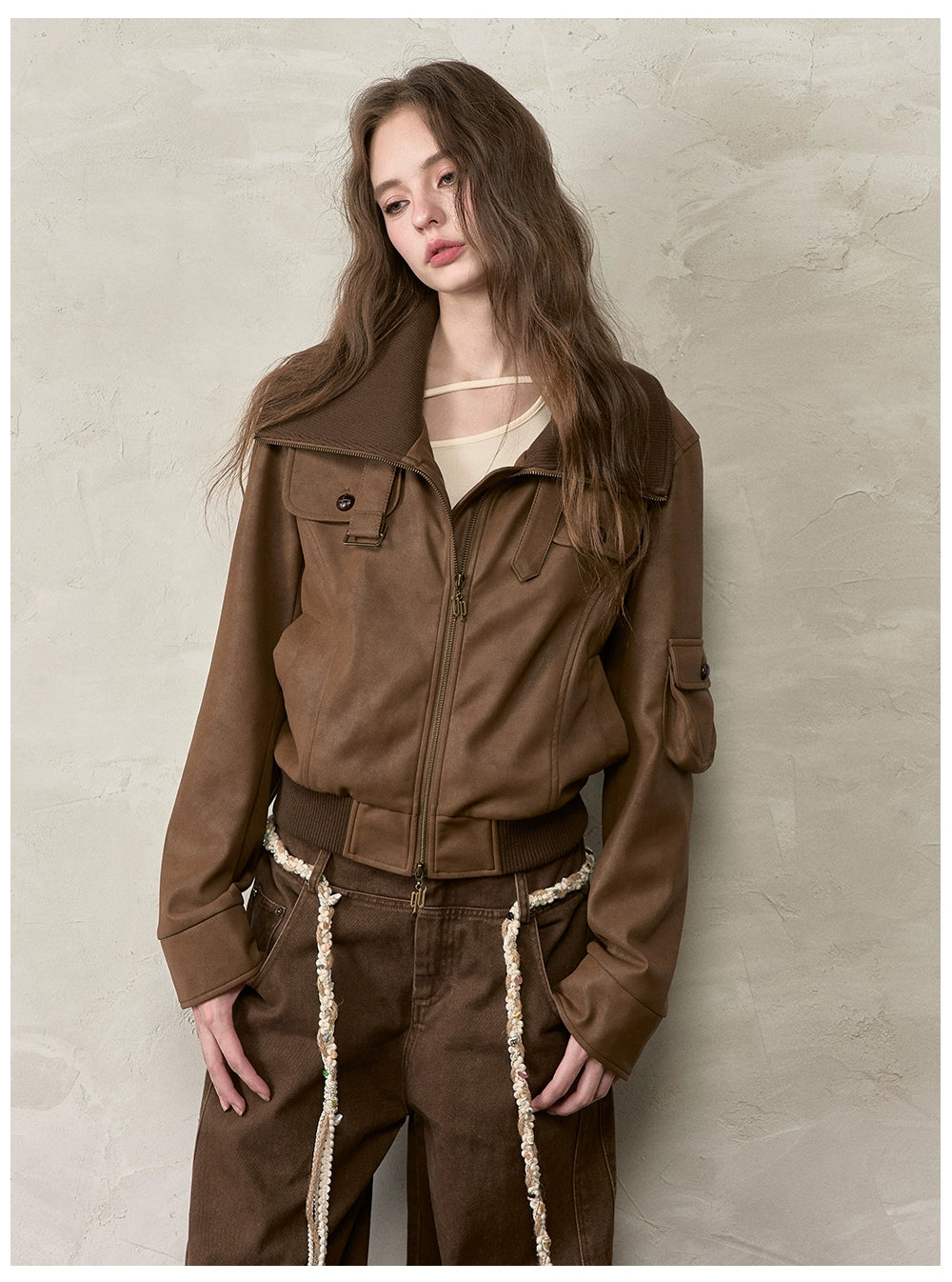 Vintage Contrast Lapel PU Leather Jacket
