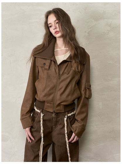Vintage Contrast Lapel PU Leather Jacket