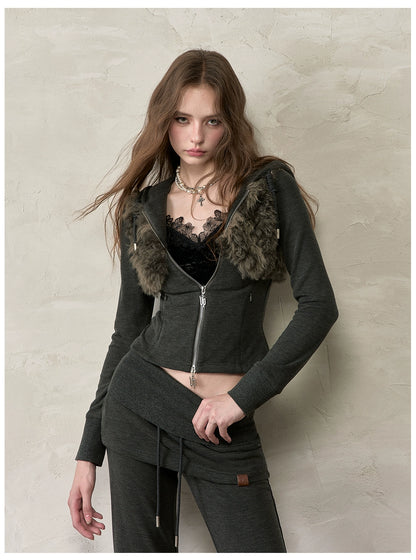 Faux Fur Drawstring Zip-up Hoodie