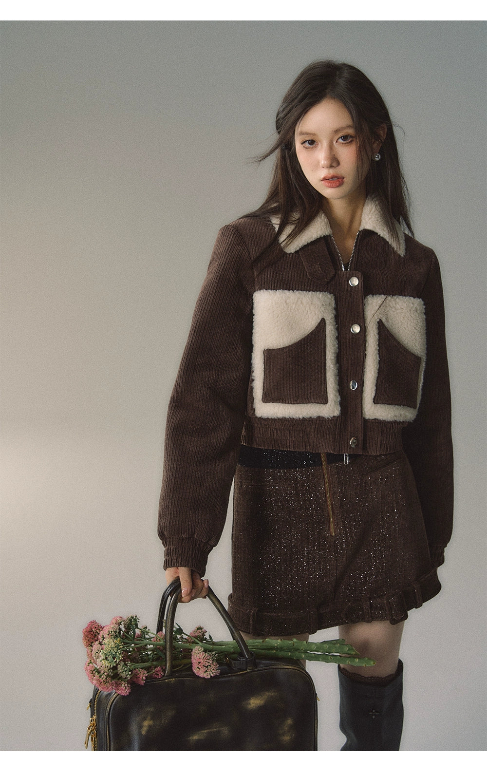 Brown Faux Fur Patchwork Short Jacket - CHINASQUAD
