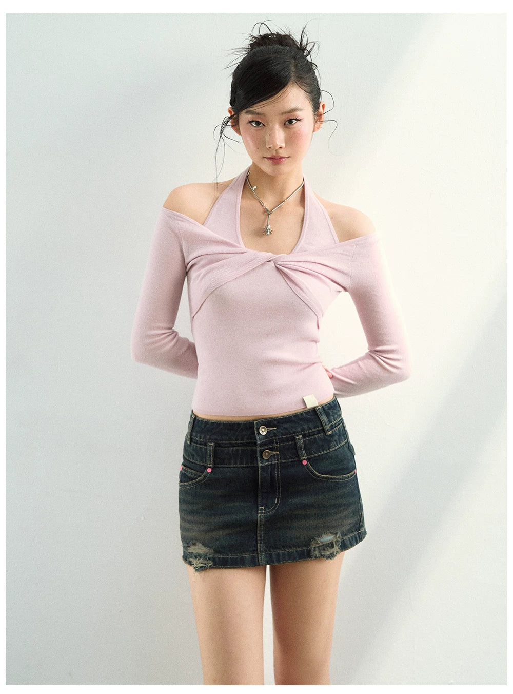 Studded Washed Denim Mini Skirt