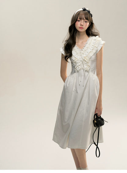 White V-neck Sleeveless Ruffled Lace Bow Dress