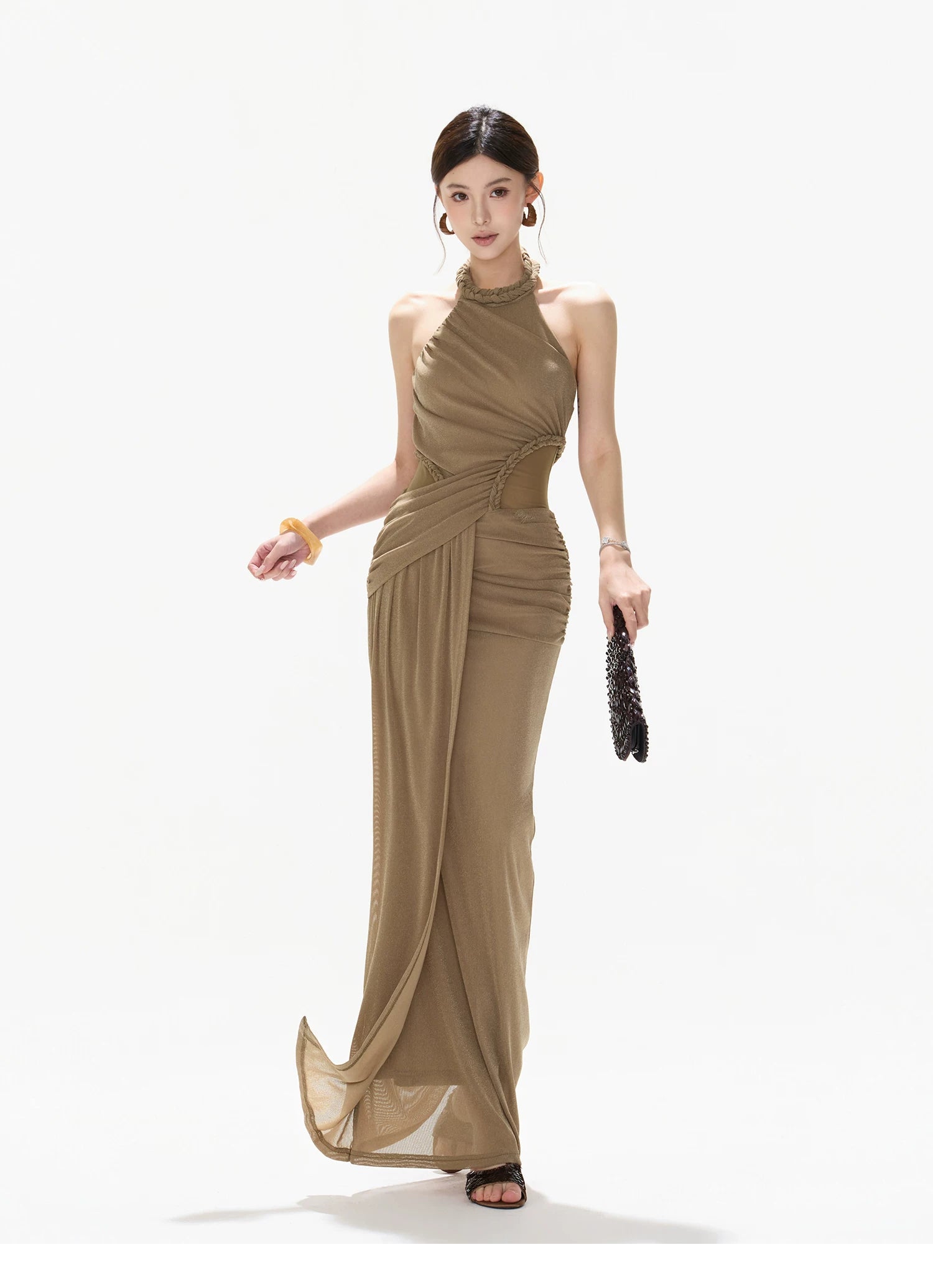 Elegant Ruched Mesh Halter Evening Dress