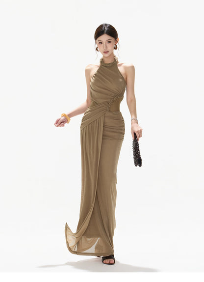 Elegant Ruched Mesh Halter Evening Dress
